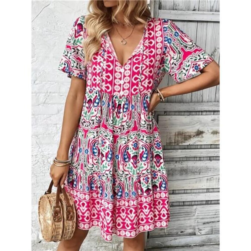 Printed Tie Neck Short Sleeve Dress